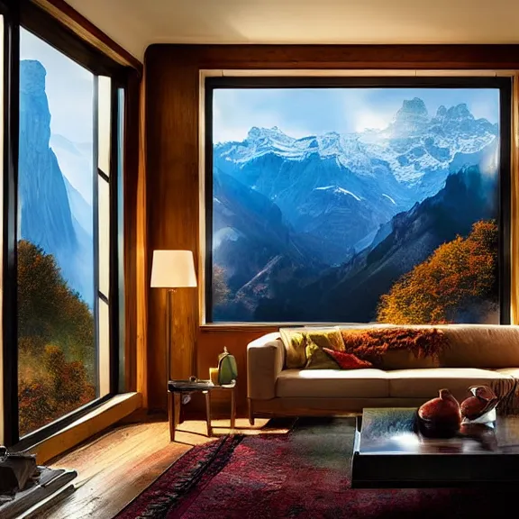 Image similar to fantastical living room with switzerland landscape in the window by marc adamus, beautiful dramatic lighting, high definition