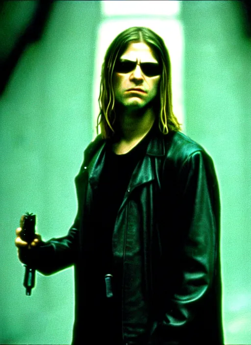 Image similar to film still of kurt cobain as neo in the movie the matrix, full-shot, 4k