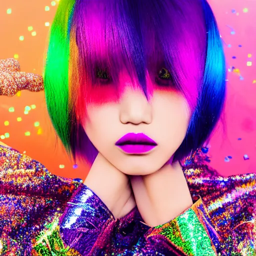 Image similar to japanese model with maximalist hair style and makeup, bright colors, fashion model, portrait shot, glitter, depth of field, 8 k, hyper detailed, intricate, trending on artstation