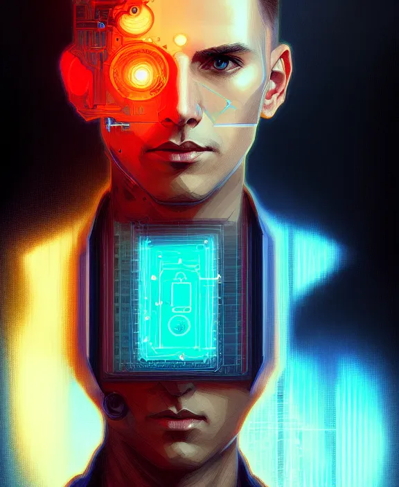Image similar to a whirlwind inside the metaverse, guy, male, man, science, machine face, fashionable haircut, half body, neurochip, android, cyberpunk face, by loish, d & d, fantasy, intricate, elegant, highly detailed, colorful, digital painting, artstation, concept art, art by artgerm and greg rutkowski and alphonse mucha