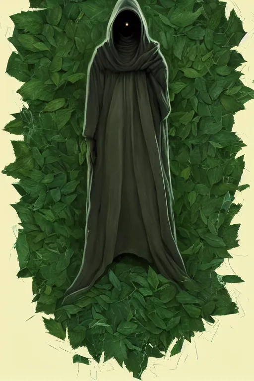 Image similar to A full body portrait of a mysterious character with no face, glowing eyes and a very long hooded dark green cloak made of leaves, vines coming out the ground art by Shaddy Safadi and Jason Chan, ominous, cosmic horror, trending on artstation, Ultra detailed, hyper realistic 4k