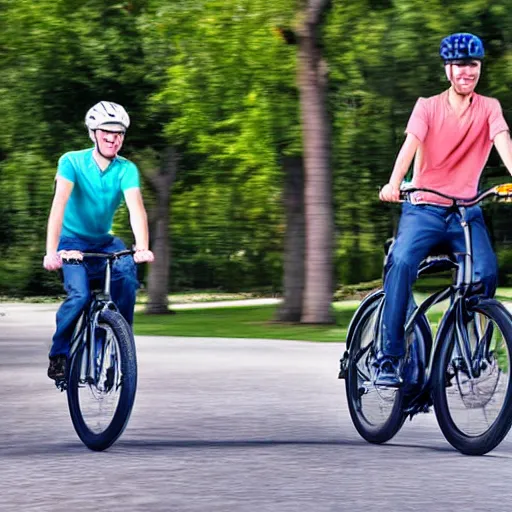 Prompt: two bicycles, one electric and one hybrid, with happy riders, realistic, detailed