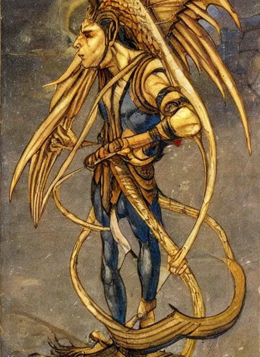 Image similar to Aspis a fantasy charater Proto-Slavic mythology, a winged snake with two trunks and a bird's beak. Aspis is invulnerable to conventional weapons, it cannot be killed with a sword or arrow, but can only be burned