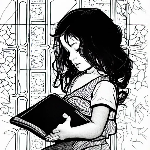 Prompt: clean simple line art of a little girl with short wavy curly light brown hair and blue eyes, reading a book. no background. well composed, clean, black and white, beautiful detailed face line art by ilya kuvshinov and alphonse mucha