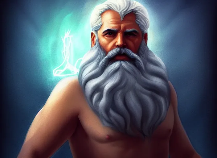 Image similar to zeus god of the sky holding the lightings + older man with a beard + father of all gods and humans + beautiful face and pretty face + intricate complexity, rule of thirds, style by artgerm, dramatic lighting