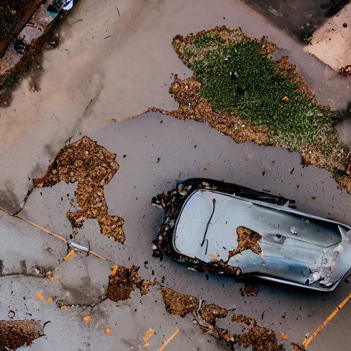 Prompt: aerial photography, a number of car, dust, humus, wet street, graffiti on wall, trash scattered everywhere, abandoned car garage, 8 k, uhd, after rain, cinematic lighting, incrinate