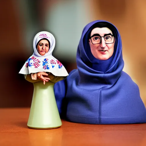 Image similar to portrait of a babushka with collectible miniature handmade john oliver doll