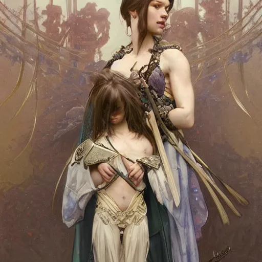 Image similar to a full body portrait of a beautiful girl warrior and her daughter, intricate, elegant, highly detailed, digital painting, artstation, concept art, smooth, sharp focus, illustration, art by krenz cushart and artem demura and alphonse mucha