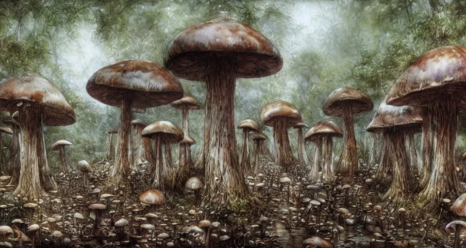 Image similar to A tribal village in a forest of giant mushrooms, by Luis Royo,