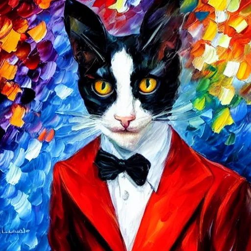 Prompt: portrait painting of a tuxedocat wearing a red jacket by Leonid Afremov