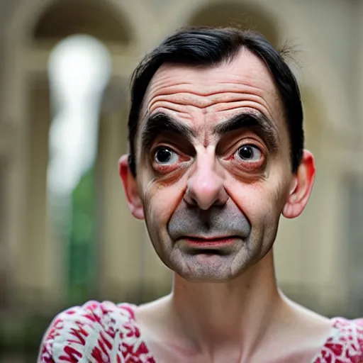 Image similar to A portrait mr bean elizabeth teams up with a teenage mr bean, perfect faces, 50 mm, award winning photography