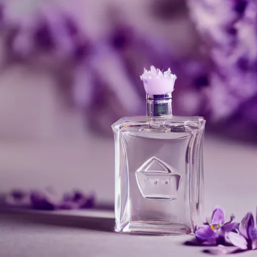 Image similar to perfume bottle surrounded by artistic, luscious blurred blue and lilac flowers, white background, simple path traced, environment, up close shot