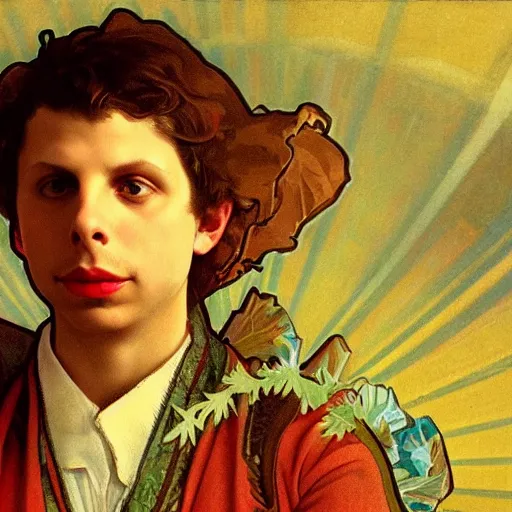 Prompt: a detailed portrait of michael cera as santa ana at the alamo, long twirling moustache, by alphonse mucha and arthur mucha, god rays, intricate detail, cinematic, 8 k, featured on artstation, pixiv