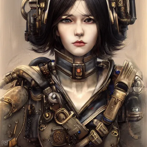 Prompt: portrait of a girl by ayami kojima, mixture between russian and japanese, she is about 2 0 years old, black bob hair, very tall and slender, she is wearing a steampunk tactical gear, highly detailed portrait, digital painting, artstation, concept art, smooth, sharp foccus ilustration, artstation hq