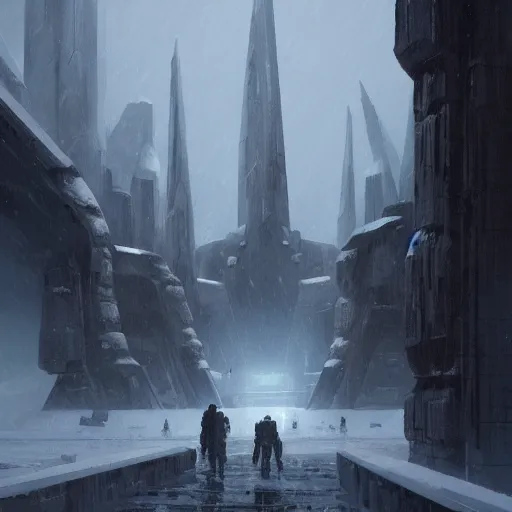 Image similar to star wars concept art by greg rutkowski, a brutalist - looking and imposing temple in the middle of a snowy, dark and hostile landscape, strong blizzards, poor lighting, evil atmosphere, artstation hq.