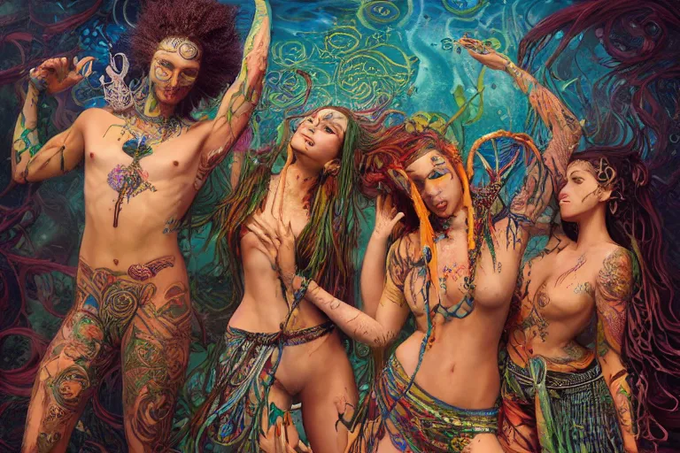Image similar to a centered full body render of alluring festival hippies with tribal tattoos surrounded by a underwater ink pour and flowing liquid galium and sacred geometry, perfect body face and hands, powerful, cinematic, beautifully lit, by artgerm, by karol bak, by donato giancola, 3 d, trending on artstation, octane render, 8 k