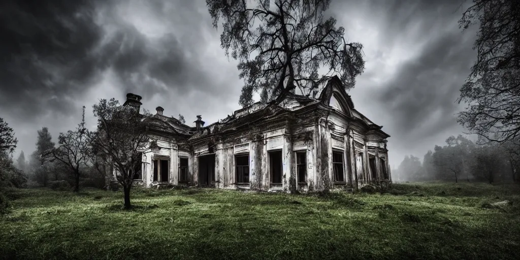 Prompt: a haunted old villa in the middle of an ancient forest, ominous Sky, gloomy atmosphere, cinematic, mist, High definition, 8k, ultra detailed