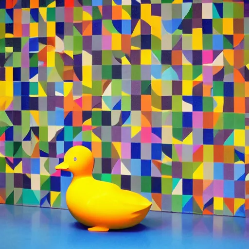 Image similar to wide shot, one! photorealistic rubber duck in foreground on a pedestal in an cavernous museum, the walls are covered floor to ceiling with colorful geometric tessellated wall paintings in the style of sol lewitt, tall arched stone doorways, through the doorways are more mural paintings in the style of sol lewitt.