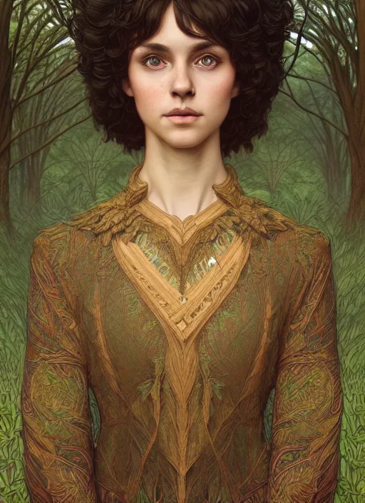 Image similar to symmetry portrait of welsh brunette student in mans tunic, tomboy, short hair, intricate forest background, intricate, elegant, highly detailed, digital painting, artstation, concept art, smooth, sharp focus, illustration, art by artgerm and greg rutkowski and fra angelico and alphons mucha