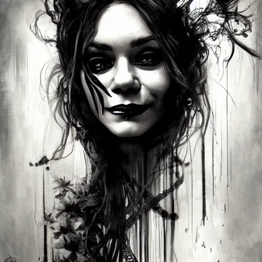 Image similar to beautiful portrait of vanessa hudgens as death from sandman, smiling, by cedric peyravernay, alphonse mucha, by jeremy mann, by lecouffe deharme, goth chic, soft lightning, eyeliner, punk rock, high detailed, 8 k