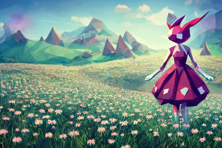 Prompt: ( ( low poly ) ) playstation running ( ( anthropomorphic ) ) ( ( lurantis ) ) maid wearing a hat standing in a ( field of daisies ), mount coronet in the distance digital illustration by ruan jia on artstation