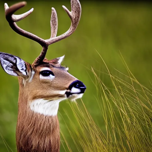 Prompt: a portrait of a mighty deer with feathers looking straight in the camera, there is tall grass, forest in the background, phenomenal photography, ambient light, 8 5 mm f 1. 8 full frame camera