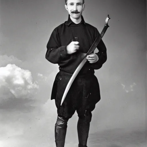 Prompt: photograph of a man holding a sword made of cheese