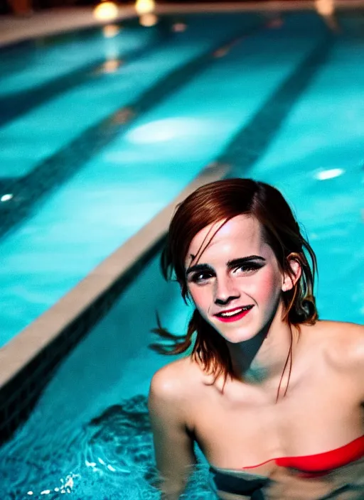 Image similar to medium shot photo of emma watson super drunk having fun being the center of attention in a pool party in a crowded modern indoors pool with cyberpunk illumination at night. sensual photo. symmetrical balance, in - frame. photorealistic