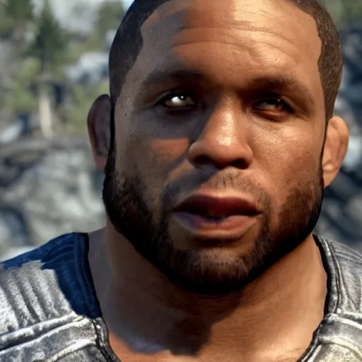 Image similar to character screenshot of ufc commentator daniel cormier dc in skyrim, npc talking, wilderness, 1 0 8 0 p, bokeh, elder scrolls v, detailed, dialog text