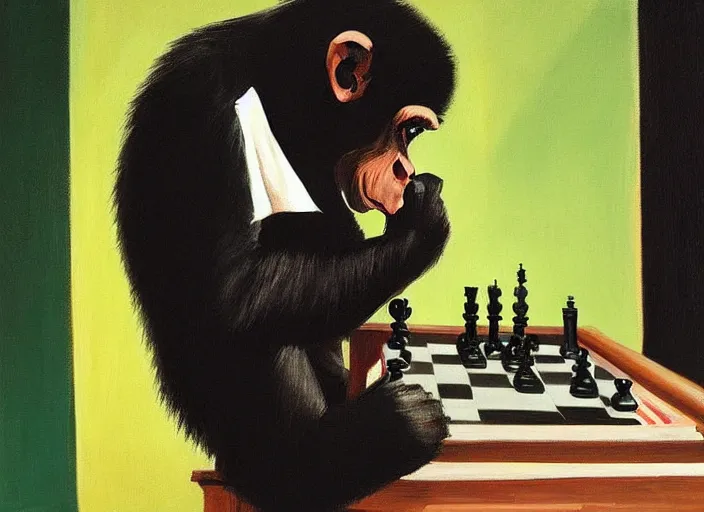 Image similar to a very very beautiful painting of a chimp playing chess in the style of edward hopper