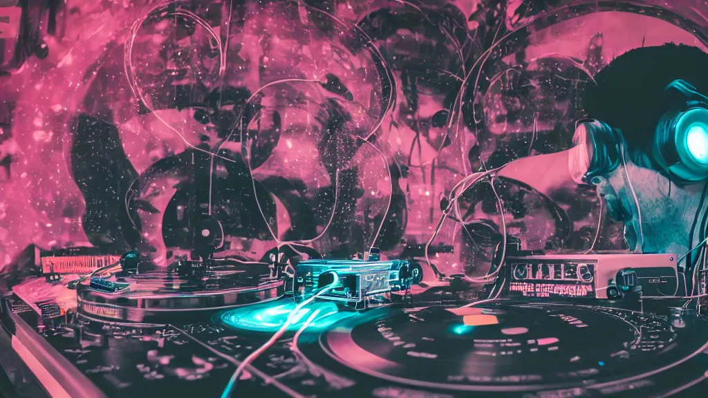 Image similar to a person wearing goggles and visor and headphones using a retro record player contraption, wires and tubes, turntablism dj scratching, intricate planetary gears, cinematic, imax, sharp focus, leds, bokeh, iridescent, black light, fog machine, hazy, lasers, hyper color digital art