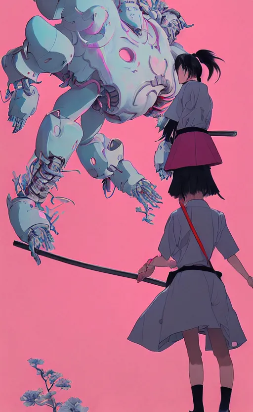 Image similar to Artwork by James Jean, Phil noto and hiyao Miyazaki ; a young Japanese future samurai police girl named Yoshimi battles an enormous looming evil natured carnivorous pink robot on the streets of Tokyo; Japanese shops and neon signage; crowds of people running; Art work by hiyao Miyazaki, Phil noto and James Jean