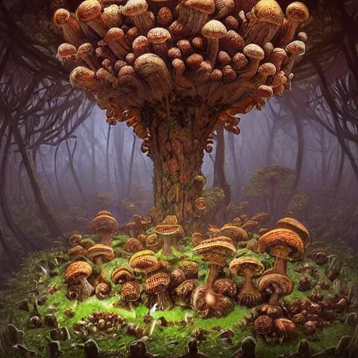 Prompt: a beautiful hyper realistic detailed concept art of a fractal eldritch and creepy mushroom forest with morels at foreground and amanitas and puffballs and psilocybes and spores on several floors by andreas rocha and john howe and dan mumford and albert bierstadt, nausicaa, ultrawide angle, artstation, pinterest