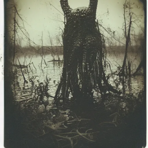 Image similar to creepy lovecraftian monster in swamp, 1910 Polaroid photo