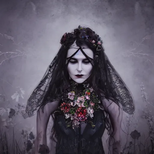 Prompt: A portrait of a Gothic goddess of floral jewels in an empty land, dark and mysterious, lively atmospheric, cinematic, volumetric lighting, 8k, 4k, ultra detail, ultra-realistic, rendered by DeviantArt