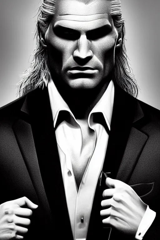 Prompt: full body portrait of geralt of rivia wearing a tuxedo, 5 5 mm lens, professional photograph, black and white, times magazine, serious