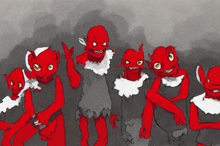 Prompt: red and white simple ms paint doodle of group portrait of grey goblins looking funny looking smug by greg rutkowski