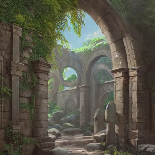 Image similar to concept art painting of an ornate ancient stone archway, in the woods, realistic, detailed, cel shaded, in the style of makoto shinkai and greg rutkowski and james gurney