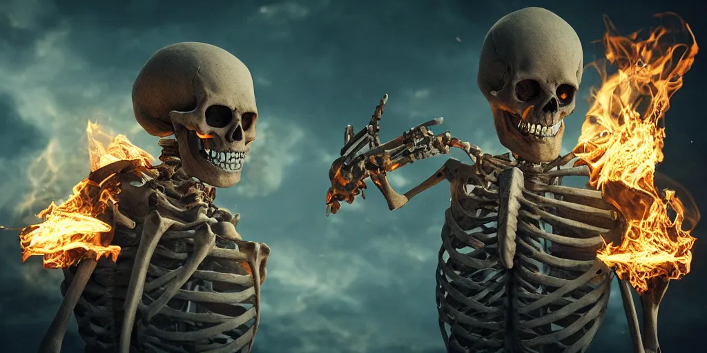 Prompt: Skeleton on fire flipping the camera off with his middle finger, realistic 4k octane beautifully detailed render, 4k post-processing, highly detailed, intricate complexity, epic composition, magical atmosphere, cinematic lighting, masterpiece, ultra hd