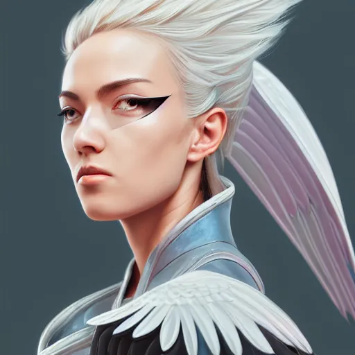 Image similar to 3 / 4 view of a portrait of a fighter woman with wings with wings, confident pose, genshin impact, digital art,, concept art, smooth, sharp focus, illustration, trending on artstation, highly detailed, concept art, trevor carlton, mickey demeo, trending on artstation, anime imax 7 0 mm, h 6 4 0