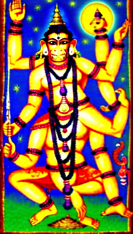 Image similar to hanuman gets together with the gods of the vedic culture of india against the background of the universe