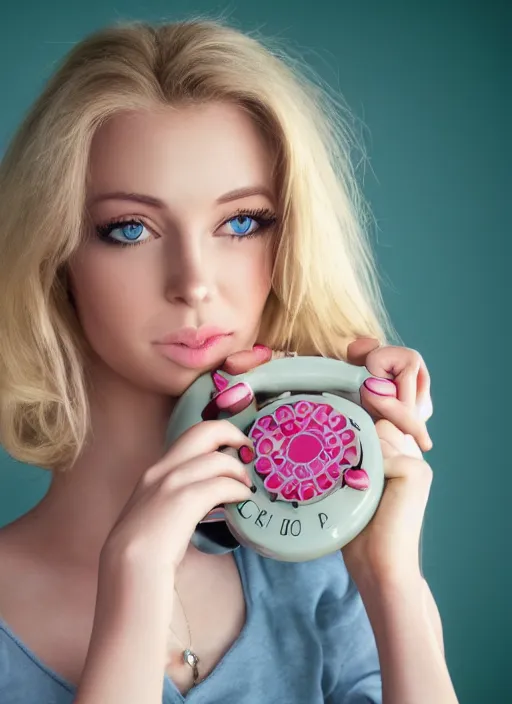 Image similar to head to waist photograph of an extremely beautiful!!!! blond young female , symmetric face!, symmetric round detailed eyes!!, slight smile, studio light, wearing pink chanel outfit !! hodling a pink vintage rotary phone l! plain pink studio background ff94b5. looking at the camera!!. . super resolution. Extremely detailed. fashion editorial