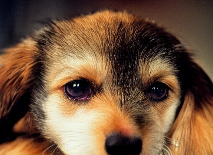 Image similar to a extreme close - up photo, color studio photographic portrait of a little dog, dramatic backlighting, 1 9 7 3 photo from life magazine,