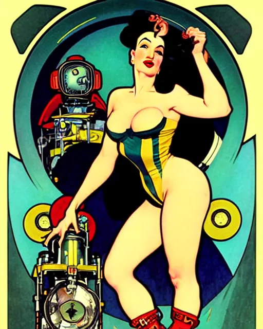 Image similar to a retro future science fiction pinup illustration of dita von teese, alphonse mucha, alberto vargas, gil elvgren, diesel punk.