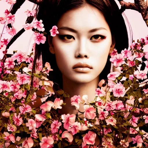 Image similar to photography of the asian queen sitting in the flower thorn, beautiful face, masterpiece costume, jewellery, high quality, elegant, emotionally touching, cool, deep gaze, mystery, tenderness kenneth willardt style