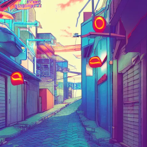 Prompt: small alley in golden gai, vaporwave nostalgia, visual novel cg, 8 0 s anime vibe, kimagure orange road, maison ikkoku, trending on artstation