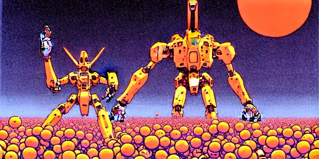 Image similar to risograph rendition of extremely - detailed white huge evangelion - like mech with a lot of orange tiny balls on it, children faces, ominous, intricate complexity, dramatic, epic composition, atmospheric, painting by moebius