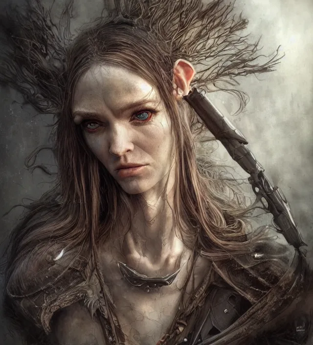 Image similar to hyper realistic portrait of postapocalyptic elf woman, cinematic, symmetrical face, dark crystal, artstation, cgsociety, alan lee, brian froud jean baptiste monge, scott radke