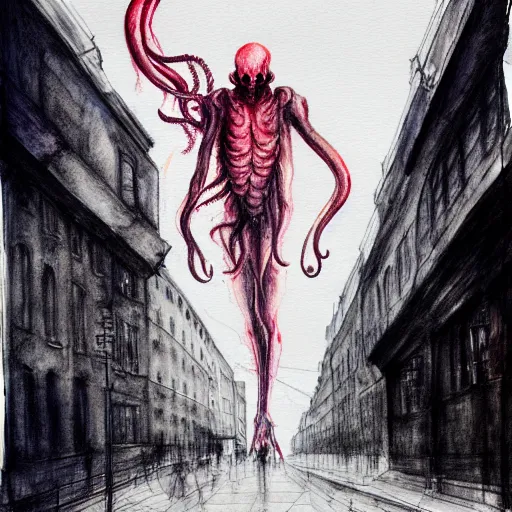 Prompt: cthulhu with a human body walks through the streets of london. sigma 85mm f/1.4. by Agnes Cecile but in watercolor and pencil