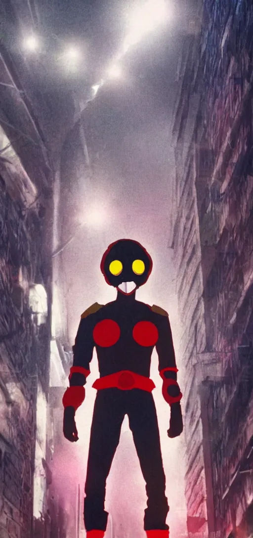 Image similar to hakaider kikaider portrait standing in a foggy alley at night standing in a spotlight, tokusatsu screencap, cinematic post process